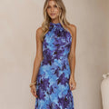 SpringSummer Floral Digital Print Sweet Halter Mid Length Dress