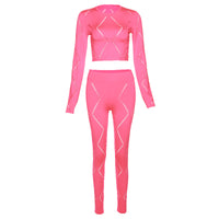 Women's Hollow-out Ripped High Waist Tight Pants Casual Sports Suit