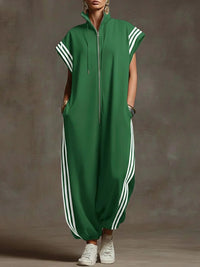 Striped Contrast-Color Jumpsuit With A Zippered Stand Collar