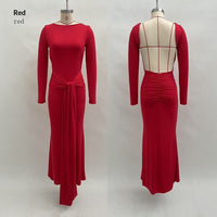 Autumn New Solid Color Long-Sleeve Elegant Waist-Cinching Backless Dress For Women