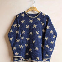 Womens Retro Star Jacquard Loose Casual Contrast-Color Sweater Top
