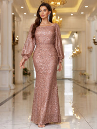 Sequin Puffed-sleeve Long Evening Gown