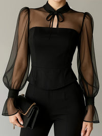 Stylish New Womens Blouse With An Elegant Puff-sleeve Neckline And Tie Detailing