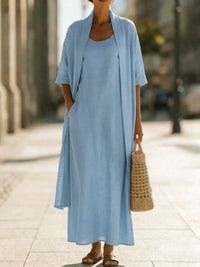 Womens Simple, Loose, Comfortable, Fashionable Cotton-Linen Two-Piece Dress Set