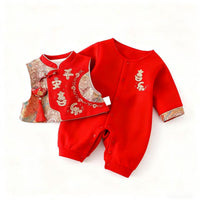 AutumnWinter Red Festive Fleece-Lined Warm RomperCrawling Suit