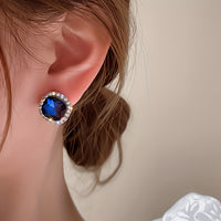 1 Pair Elegant Sparkly Navy Blue Geometric Square Stud Earrings For Women, Perfect For Daily Wear, Banquets & Vacations