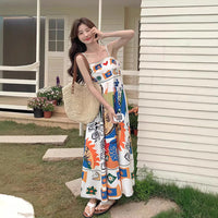 Retro Ethnic-style Oil Painting Graffiti-print Slip Dress For Women