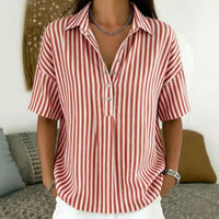Women's Fashion Casual Striped Short-Sleeve Shirt With Lapel Collar