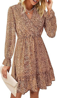 Elegant V-neck Flare-sleeve Floral Long-sleeve Dress