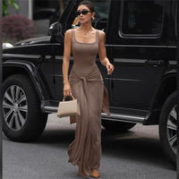 New Summer Stylish Solid Color Elegant Square Neck Low Cut Slim Fit Dress