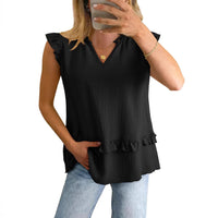 Womens V-Neck Ruffle-Trim Loose Casual Shirt