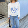 Color-block Crew-neck Retro Embroidered Loose-fitting Pullover Sweater