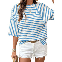 Womens Crew-Neck Pullover T-Shirt Simple, Versatile Striped Half-Sleeve Tee In European And American Style