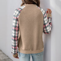 Retro Style Cardigan Zipper Plaid Stitching Diamond Patterns Fabric Sweater