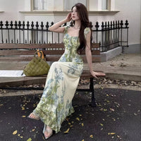 Ruffled Waistline Printed Backless Dress For Women