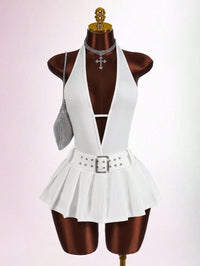 Deep-V Pleated Mini Dress For Women