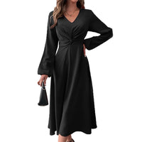 V-neck, Puff Sleeves Fitted Waist Elegant Midi Dress