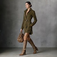 Retro-style Notched-collar Waist-cinching Midi Dress
