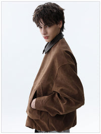 Maillard Brown Leather Collar Airplane Button Jacket Men's Simple Casual Coat