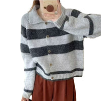 Women's Retro Contrast Color Striped Lapel Sweater Cardigan Coat