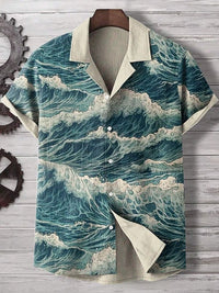 Comfortable Four-Way Stretch Wave-Print Short-Sleeve Cuban-Neck Shirt
