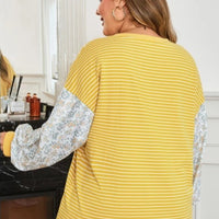 Yellow Stripe Striped Contrast Floral Sleeves Patchwork Plus Size Loose Top