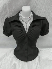V-neck Pleated Sexy Women's Slim-fit Short-sleeved Shirt