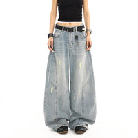 Retro Washed Distressed Loose Straight-leg Wide-leg Pants