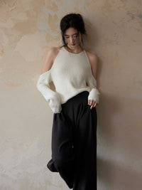 Chain Embellished Neckline Shoulder-baring Sweater