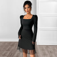 Womens Casual Patchwork High-Waisted Long-Sleeve Dress