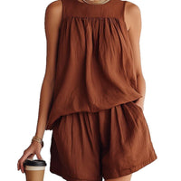 Cotton-linen Sleeveless Top And Wide-leg Shorts Set