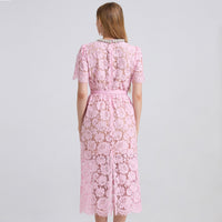 Lace Crew-Neck Beaded High-Waisted Defined-Waistline Dress
