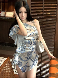 Teal Patterned Off-Shoulder Short-Sleeve Dress Womens Asymmetrical Mini Dress