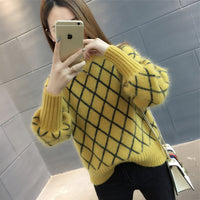 Korean Style Trendy Diamond Grid Pullover Knitted Sweater