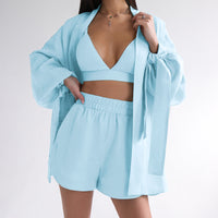 Long-sleeve Robe Underwear And Shorts Three-Piece Set Womens Loungewear