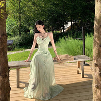 French-style Vacation-Ready Mint Green Floral Slip Dress For Women