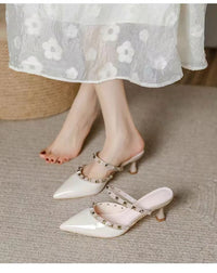 2026 Summer New Women's Rivet Pointed Toe High Heels, Stiletto Heel Open Back Sandals, One Strap Mules Slides For Outdoor