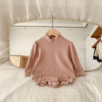 Half High Collar Baby Cotton Long Sleeved Romper With Wooden Ear Edge