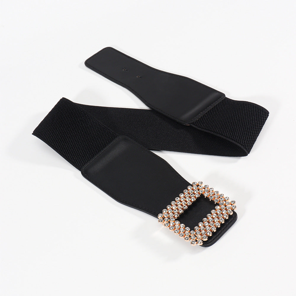 Elastic Female Black Rhinestone Square Buckle Elastic Waistband