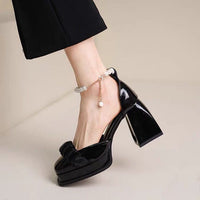 Women's New Fashion Pearl Chunky Heel Square Toe Leather Shoes
