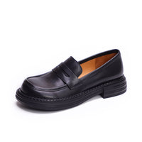 British-style Round-toe Chunky-heel Professional All-match Full-grain Leather Shoes