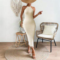 Womens Solid-Color Fashion Tassel Halterneck Lace-Up Dress