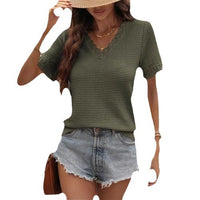 Womens V-neck Casual Waffle-knit Lace-panel Short-sleeve Top