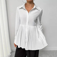 Solid-color Buttoned Pleated Long-sleeve Shirt