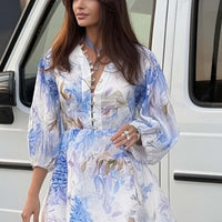 Printed Elegant V-Neck Lantern-Sleeve Waist-Cinched Dress