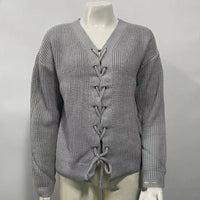Solid Color And V-neck Hollow Out Tied Knitted Sweater