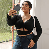 Women's Sexy V-neck High-end Black Long-sleeved Slim-fit Short Top