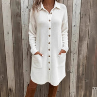 Knitted Button Down Solid Color Long Sleeve Pocket Cardigan Sweater Dress