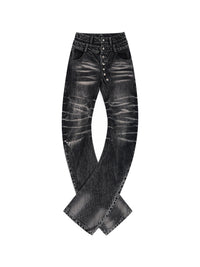 Mens Bamboo-Stripe Double-Waist Metal Button Cat-Foot Denim Jeans