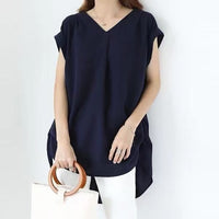 Women's Loose V-neck Short Sleeve Pleated Irregular Stitching Shirt